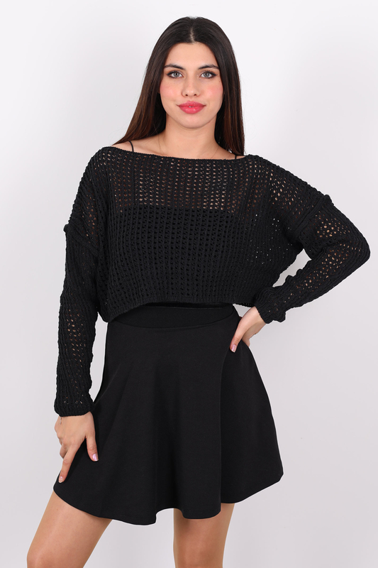 Kayık Yaka Ajurlu Delikli Siyah Kadın Crop Top - 2