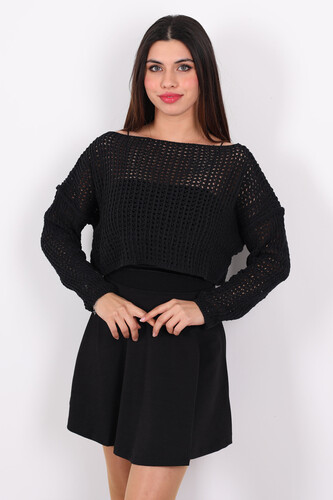 Kayık Yaka Ajurlu Delikli Siyah Kadın Crop Top - 4