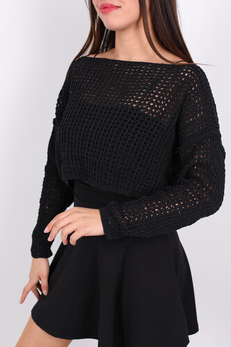 Kayık Yaka Ajurlu Delikli Siyah Kadın Crop Top - 3