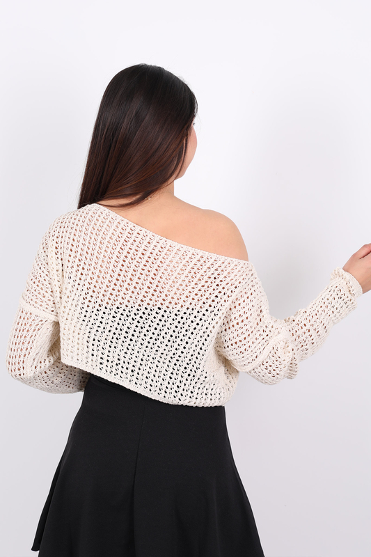 Kayık Yaka Ajurlu Delikli Taş Rengi Kadın Crop Top - 4