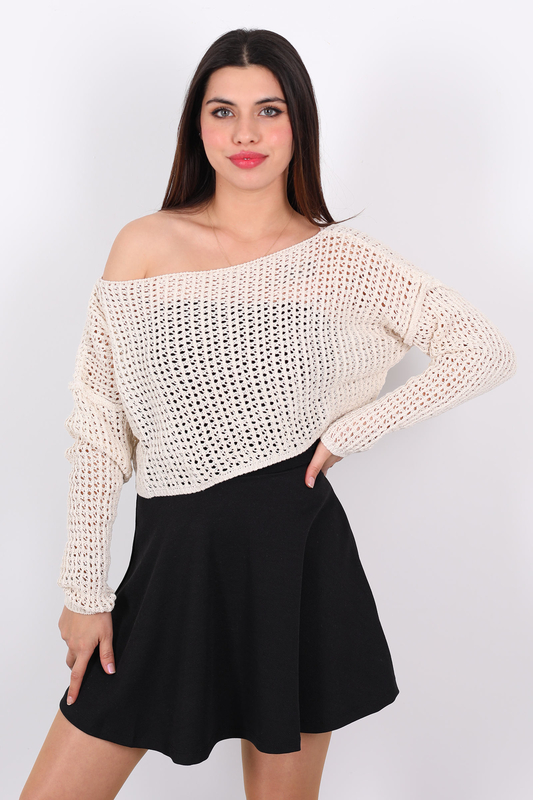 Kayık Yaka Ajurlu Delikli Taş Rengi Kadın Crop Top - 1