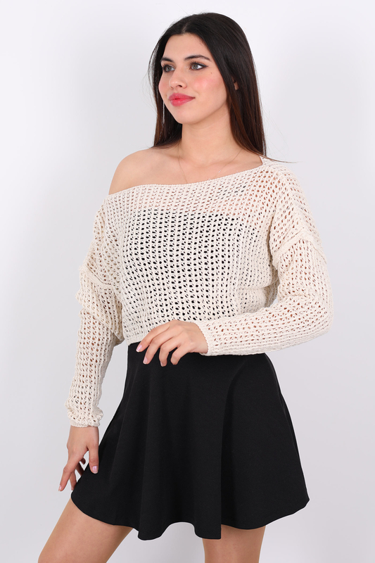 Kayık Yaka Ajurlu Delikli Taş Rengi Kadın Crop Top - 2