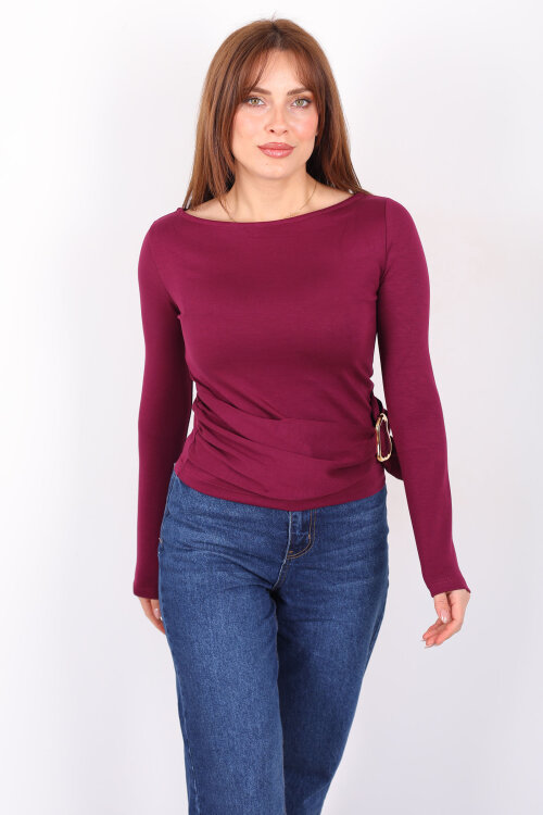 Kayık Yaka Aksesuarlı Kadın Mürdüm Bluz - 6