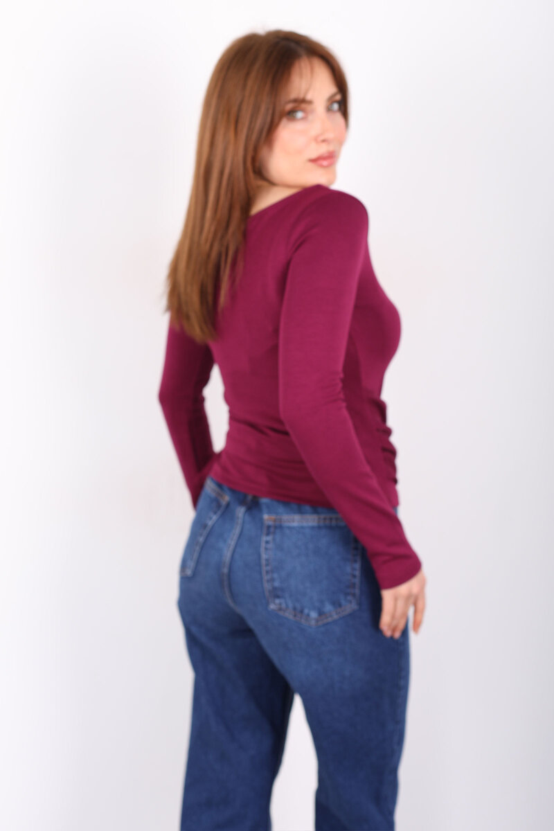 Kayık Yaka Aksesuarlı Kadın Mürdüm Bluz - 5