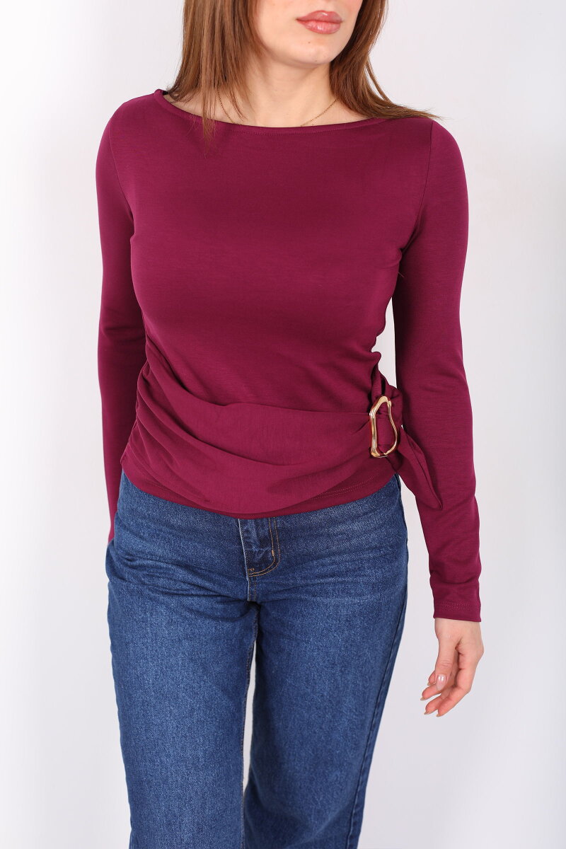 Kayık Yaka Aksesuarlı Kadın Mürdüm Bluz - 2