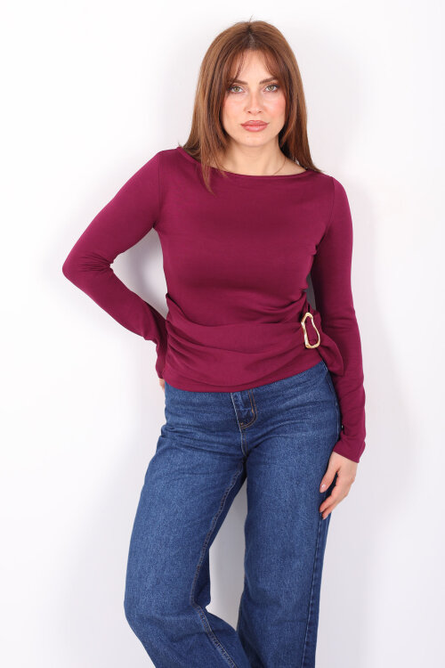 Kayık Yaka Aksesuarlı Kadın Mürdüm Bluz - 4