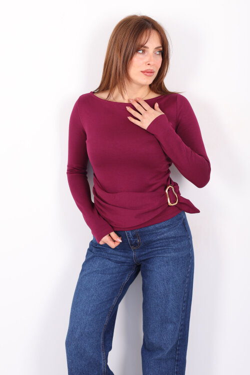 Kayık Yaka Aksesuarlı Kadın Mürdüm Bluz - 3