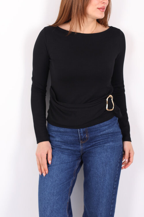 Kayık Yaka Aksesuarlı Kadın Siyah Bluz - 2