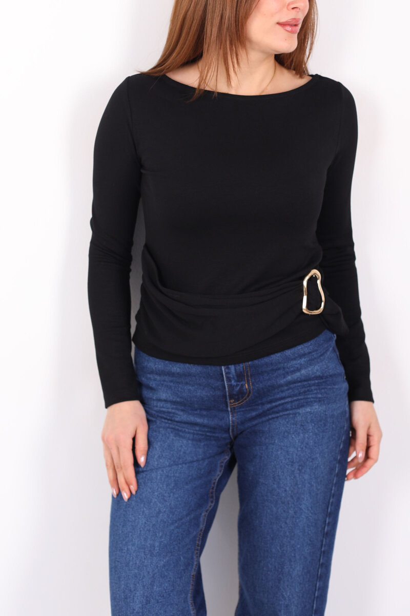 Kayık Yaka Aksesuarlı Kadın Siyah Bluz - 2