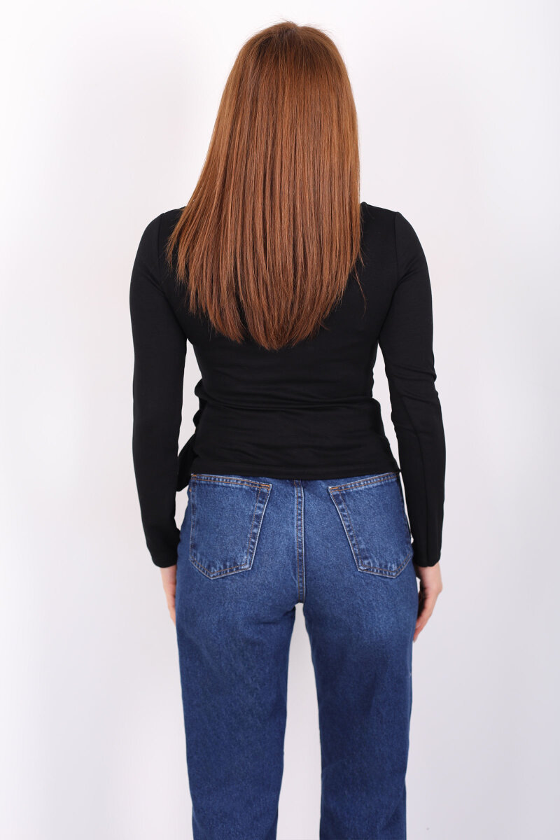 Kayık Yaka Aksesuarlı Kadın Siyah Bluz - 5