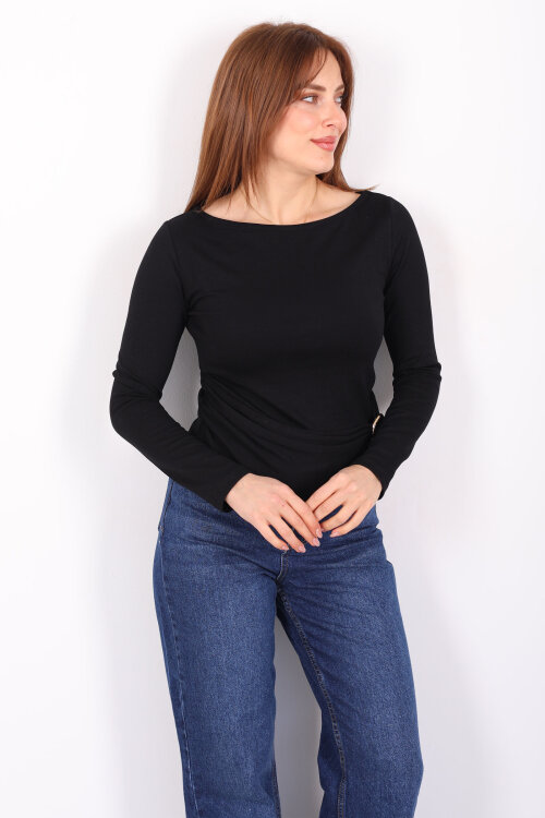 Kayık Yaka Aksesuarlı Kadın Siyah Bluz - 4