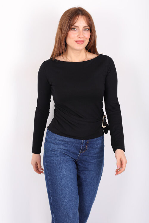 Kayık Yaka Aksesuarlı Kadın Siyah Bluz - 6