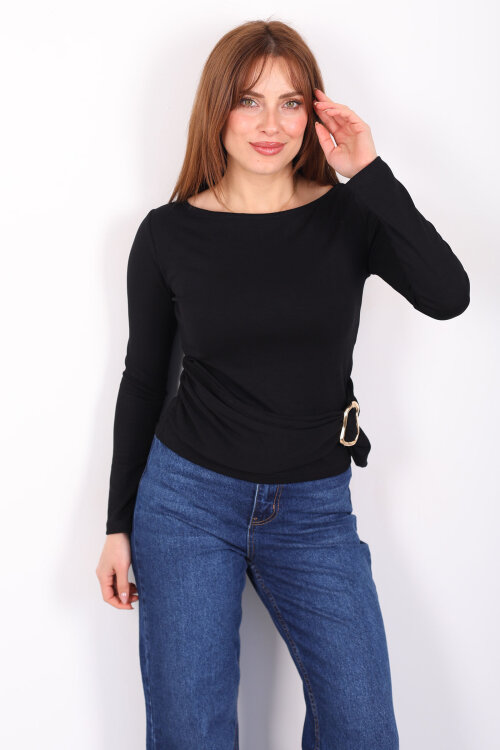 Kayık Yaka Aksesuarlı Kadın Siyah Bluz - 3