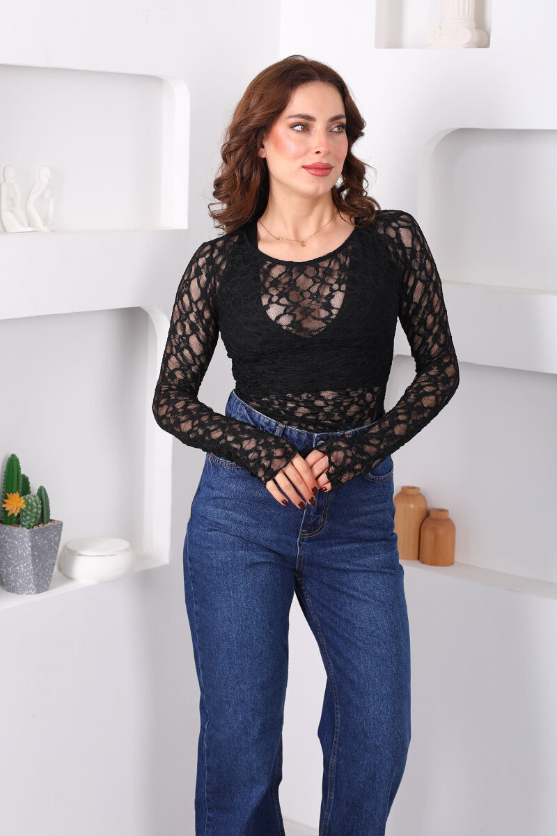 Kayık Yaka Asimetrik Siyah Kadın Dantel Bluz - 6