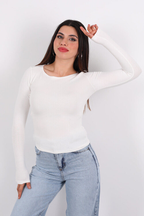 Kayık Yaka Basic Modal Ekru Kadın Bluz - 4