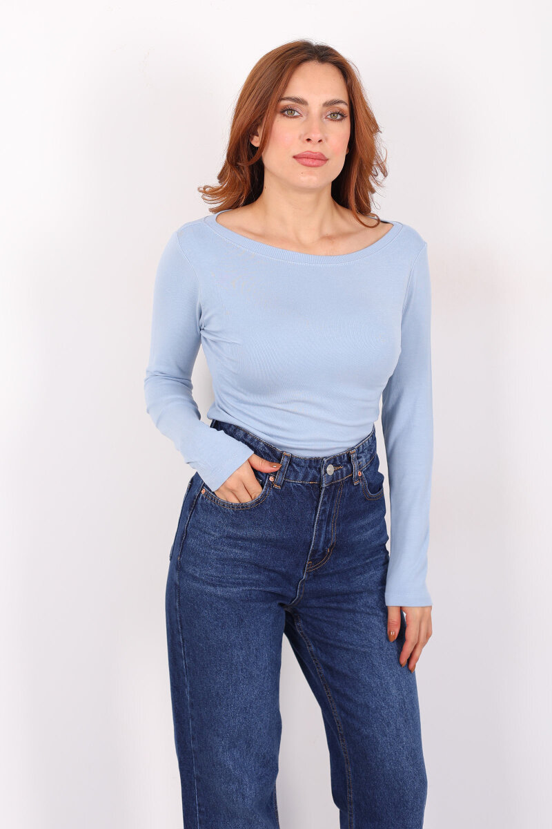Kayık Yaka Bebe Mavisi Kadın Basic Bluz - 5