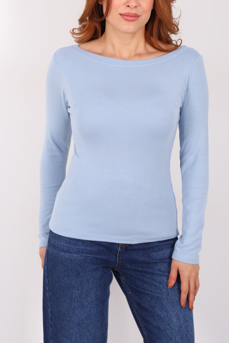 Kayık Yaka Bebe Mavisi Kadın Basic Bluz - 2