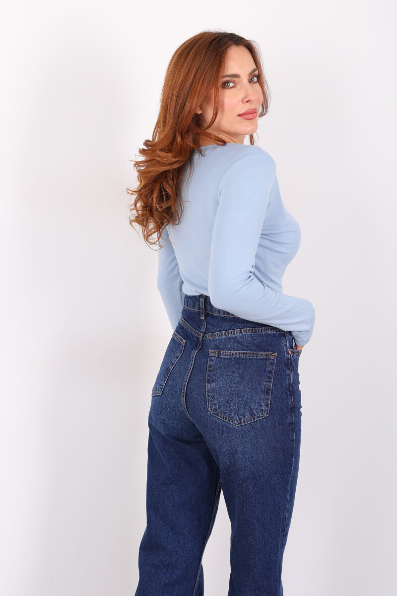 Kayık Yaka Bebe Mavisi Kadın Basic Bluz - 4