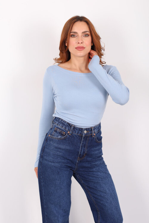 Kayık Yaka Bebe Mavisi Kadın Basic Bluz - Berox