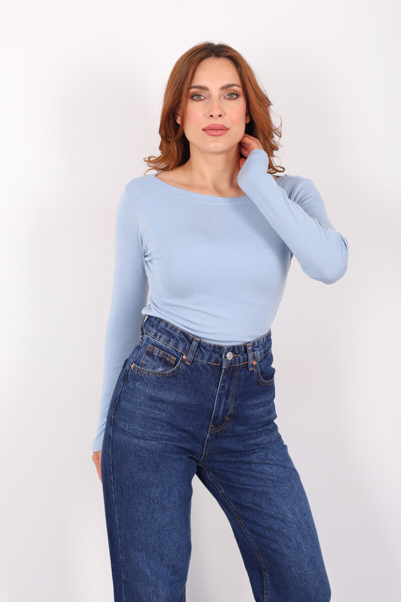 Kayık Yaka Bebe Mavisi Kadın Basic Bluz - 1