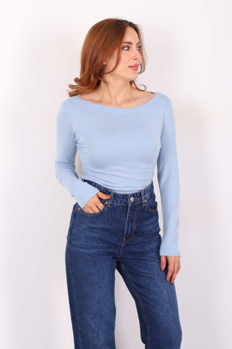 Kayık Yaka Bebe Mavisi Kadın Basic Bluz - 3