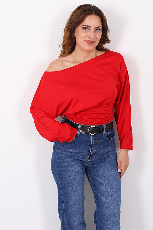 Kayık Yaka Belden Oturtmalı Kırmızı Kadın Bluz - 3