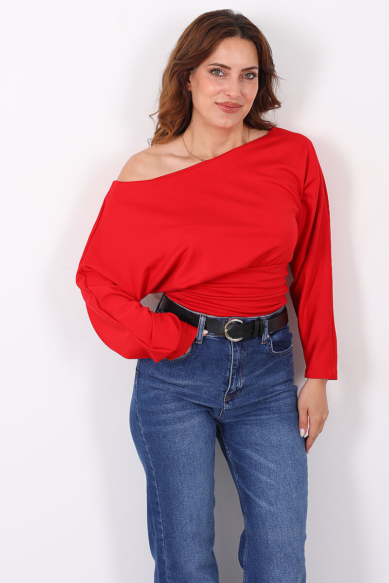 Kayık Yaka Belden Oturtmalı Kırmızı Kadın Bluz - 3