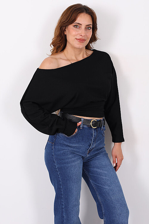 Kayık Yaka Belden Oturtmalı Siyah Kadın Bluz - 3