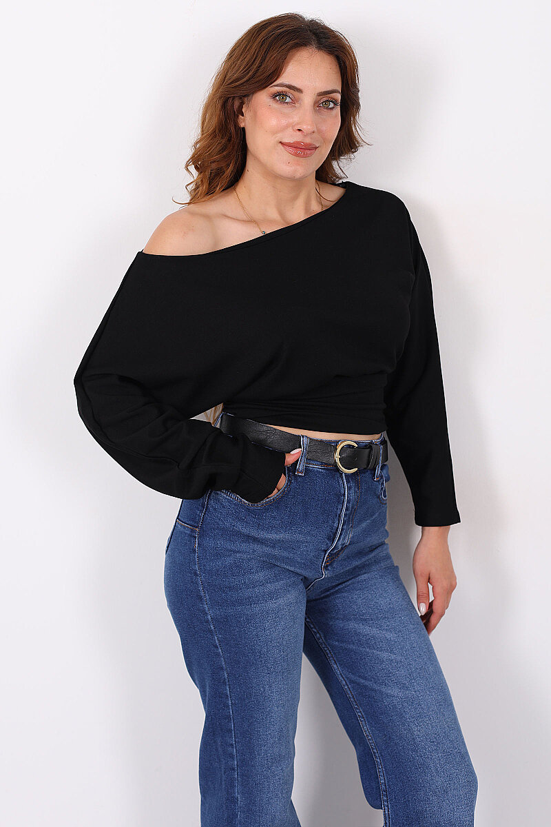 Kayık Yaka Belden Oturtmalı Siyah Kadın Bluz - 3