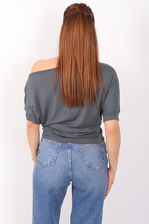 Kayık Yaka Beli Kemerli Yarasa Kol Antrasit Kadın Bluz - 4