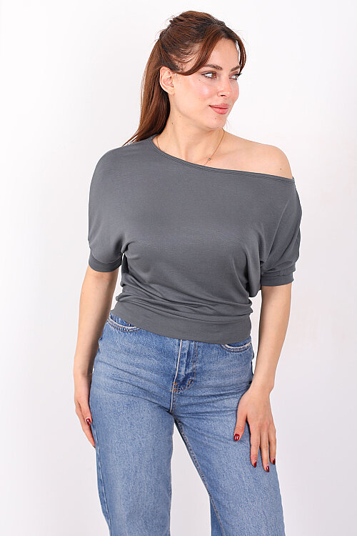 Kayık Yaka Beli Kemerli Yarasa Kol Antrasit Kadın Bluz - 3