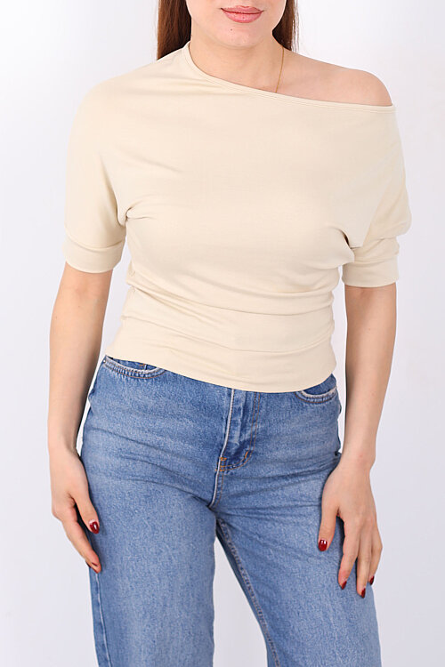 Kayık Yaka Beli Kemerli Yarasa Kol Bej Kadın Bluz - 2
