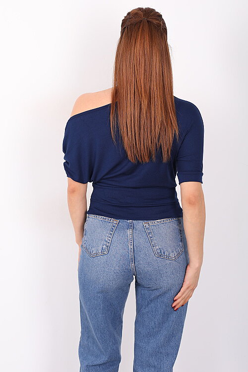 Kayık Yaka Beli Kemerli Yarasa Kol Lacivert Kadın Bluz - 4