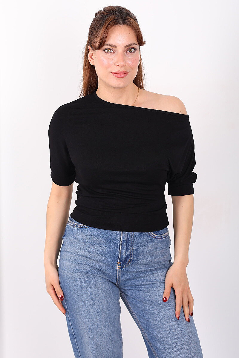 Kayık Yaka Beli Kemerli Yarasa Kol Siyah Kadın Bluz - 5