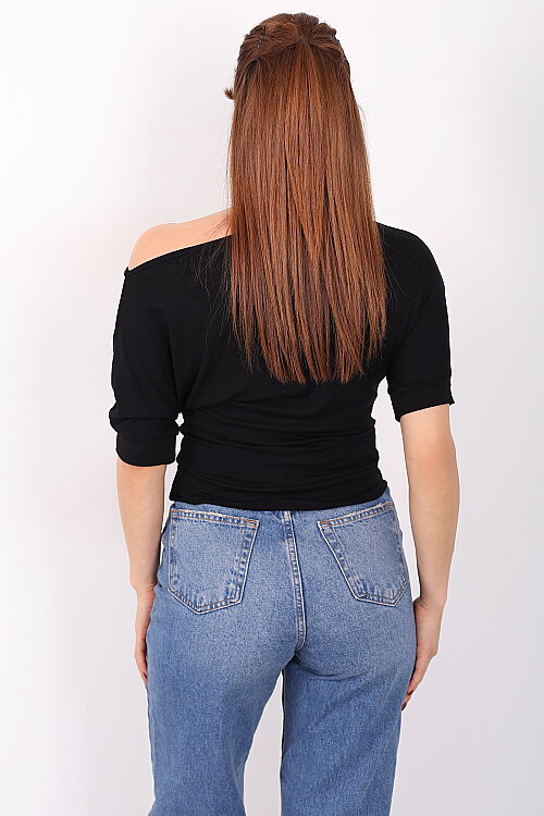 Kayık Yaka Beli Kemerli Yarasa Kol Siyah Kadın Bluz - 4