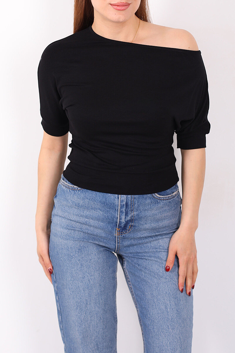 Kayık Yaka Beli Kemerli Yarasa Kol Siyah Kadın Bluz - 2