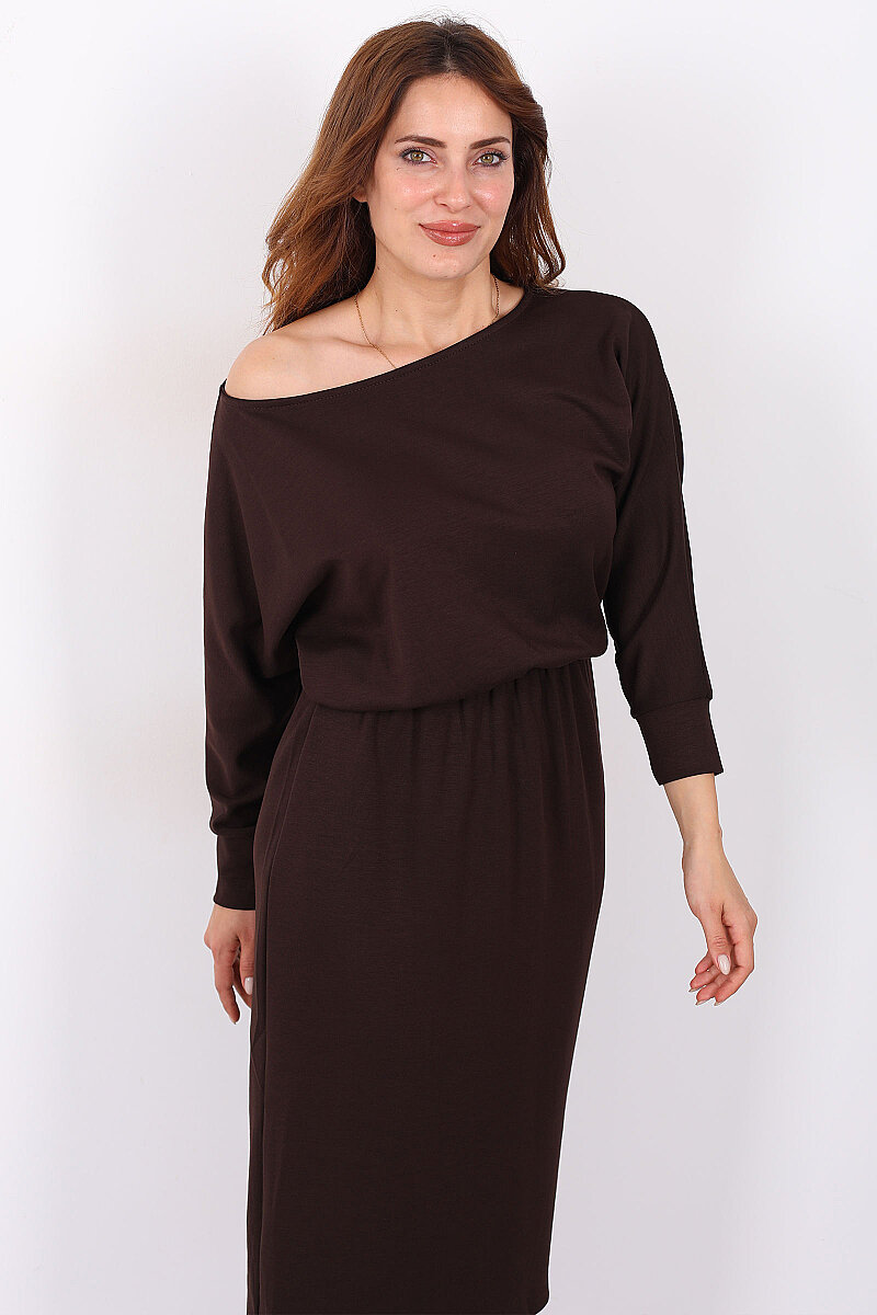 Kayık Yaka Beli Lastikli Acı Kahve Kadın Midi Elbise - 4