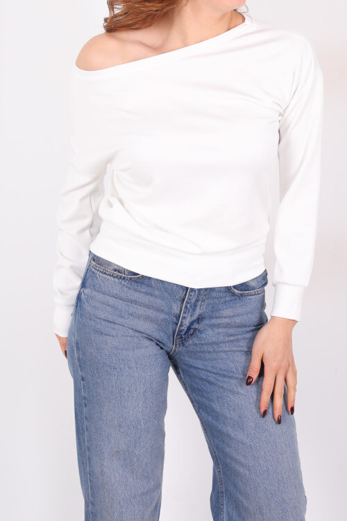 Kayık Yaka Beyaz Kadın Bluz - 2