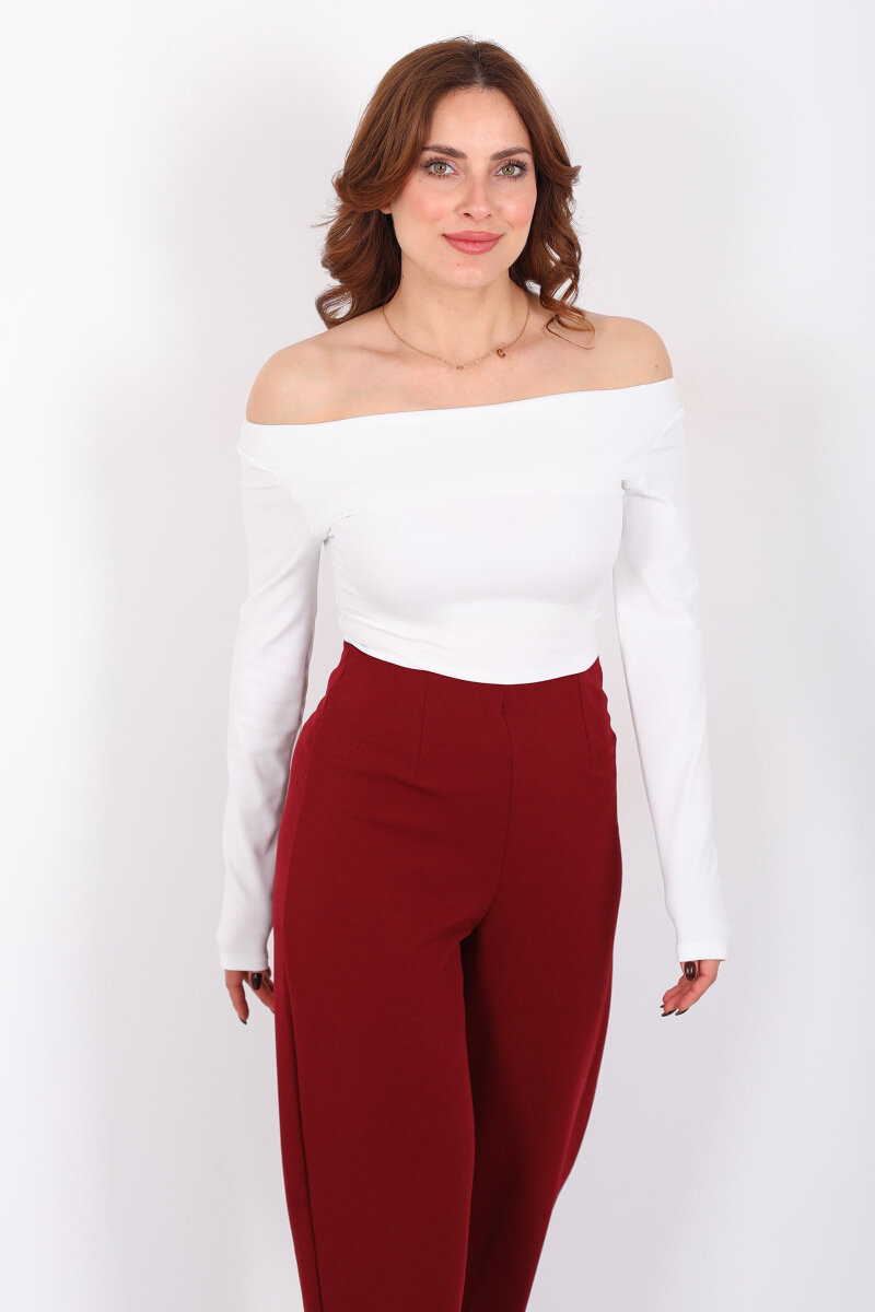 Kayık Yaka Beyaz Kadın Sandy Bluz - 5