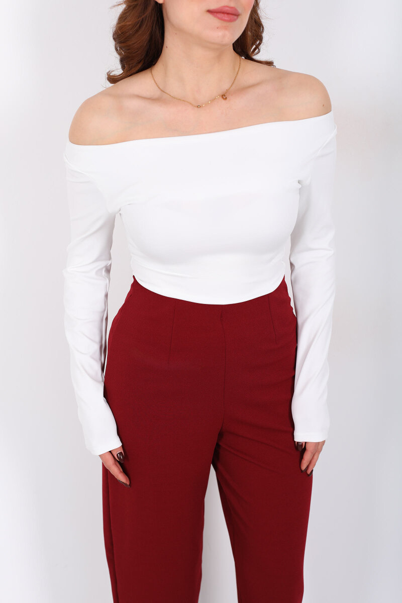 Kayık Yaka Beyaz Kadın Sandy Bluz - 2