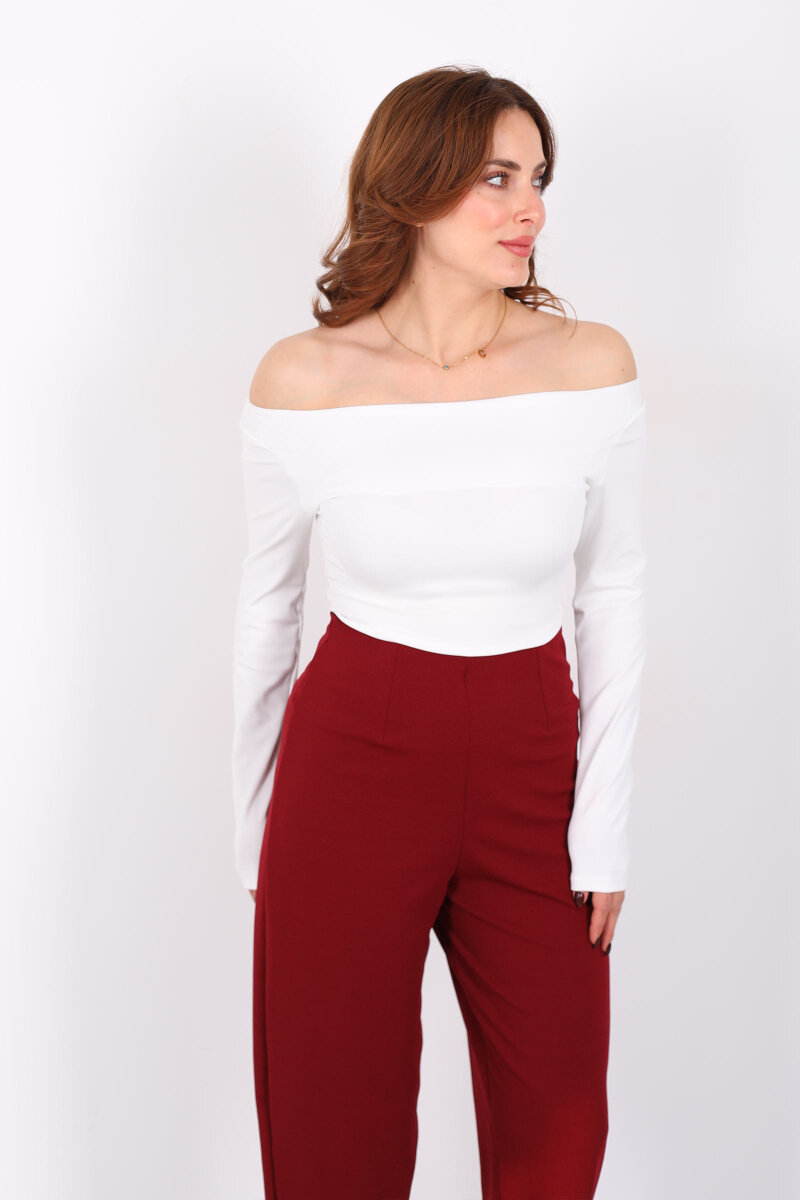 Kayık Yaka Beyaz Kadın Sandy Bluz - 3