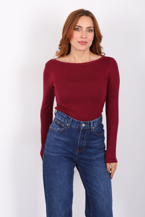 Kayık Yaka Bordo Kadın Basic Bluz - 5
