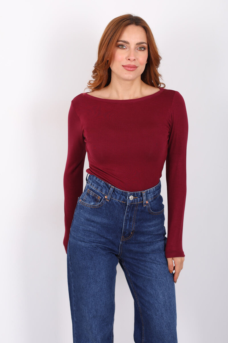 Kayık Yaka Bordo Kadın Basic Bluz - 5