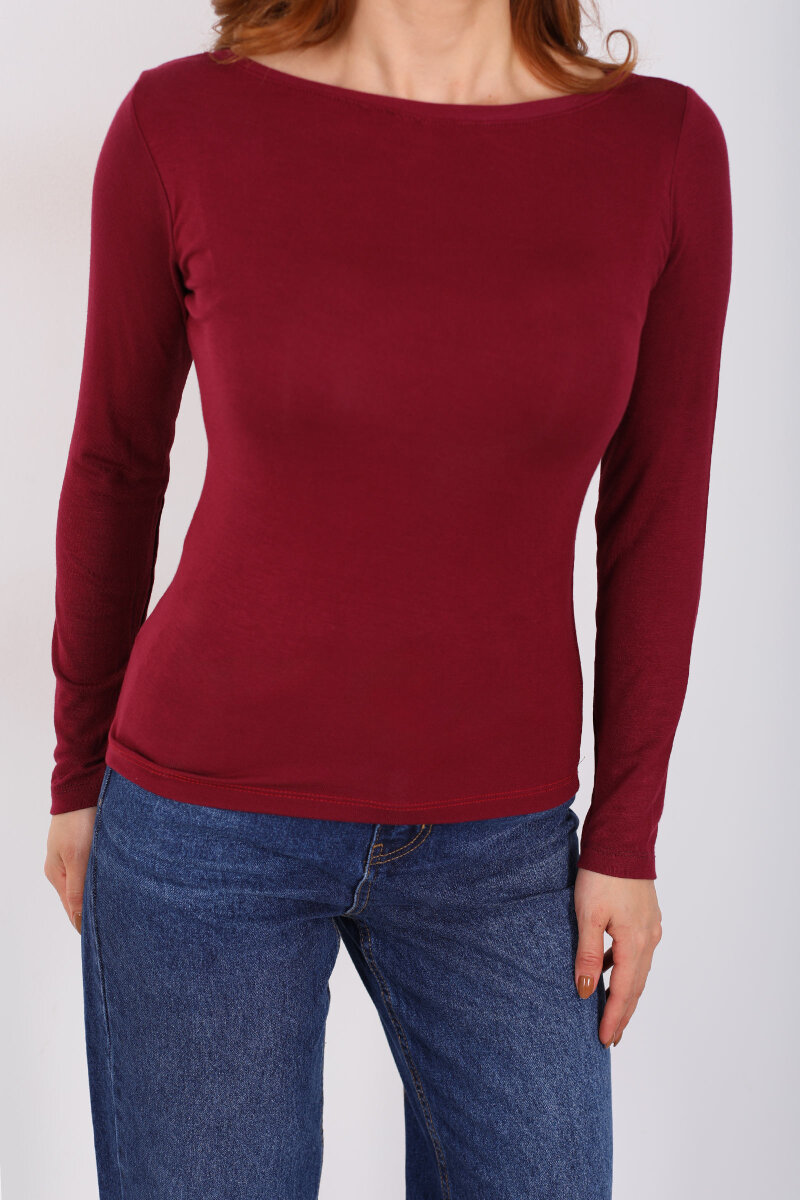 Kayık Yaka Bordo Kadın Basic Bluz - 2