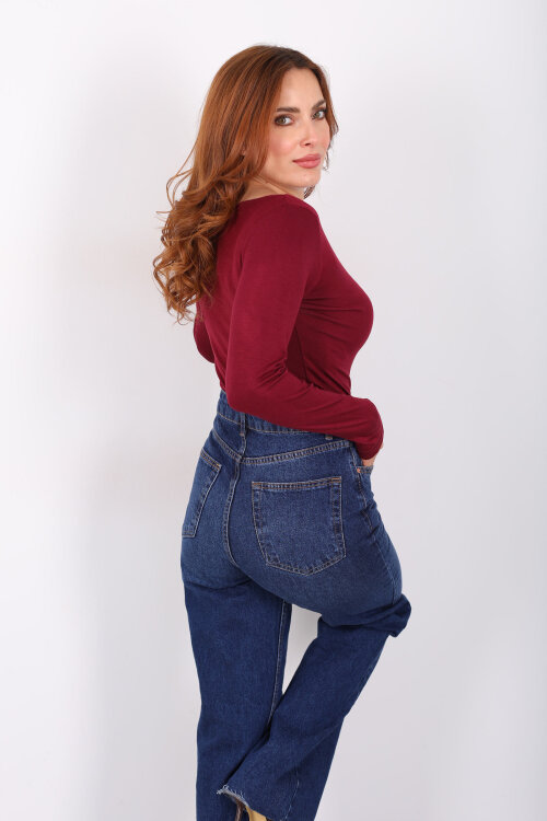 Kayık Yaka Bordo Kadın Basic Bluz - 4