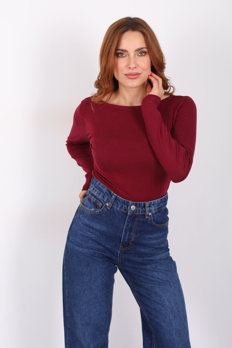 Kayık Yaka Bordo Kadın Basic Bluz - 1