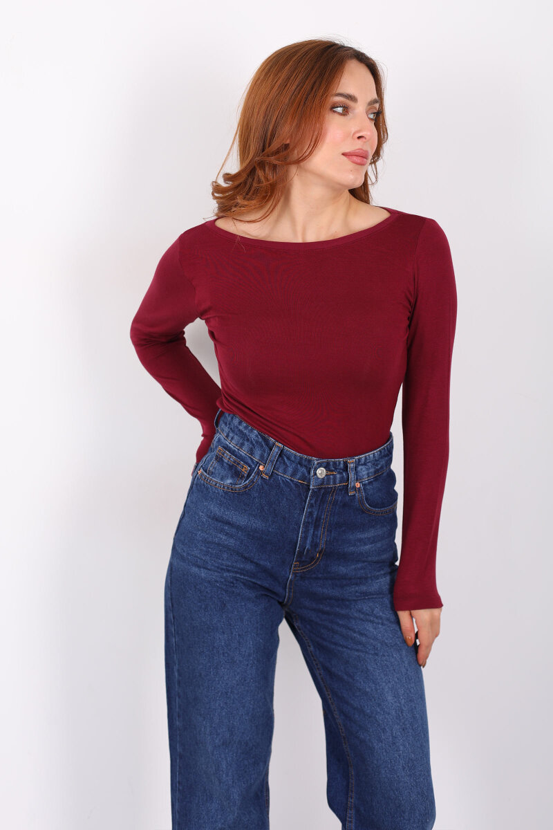 Kayık Yaka Bordo Kadın Basic Bluz - 3
