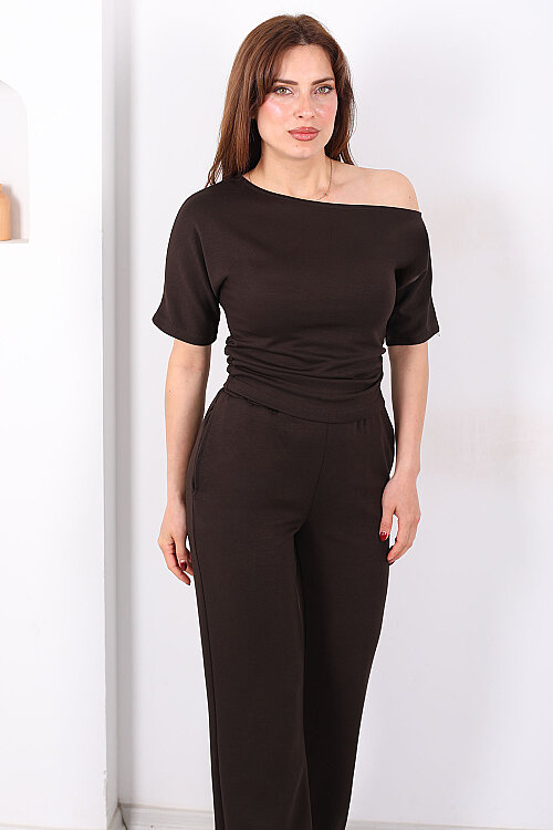 Kayık Yaka Drapeli Kadın Acı Kahve Modal Pantolon Takım - 6