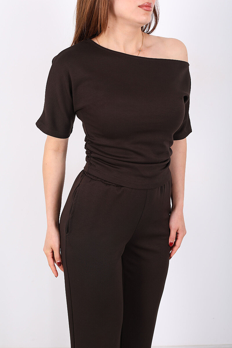 Kayık Yaka Drapeli Kadın Acı Kahve Modal Pantolon Takım - 2