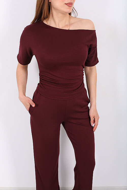 Kayık Yaka Drapeli Kadın Bordo Modal Pantolon Takım - Berox (1)